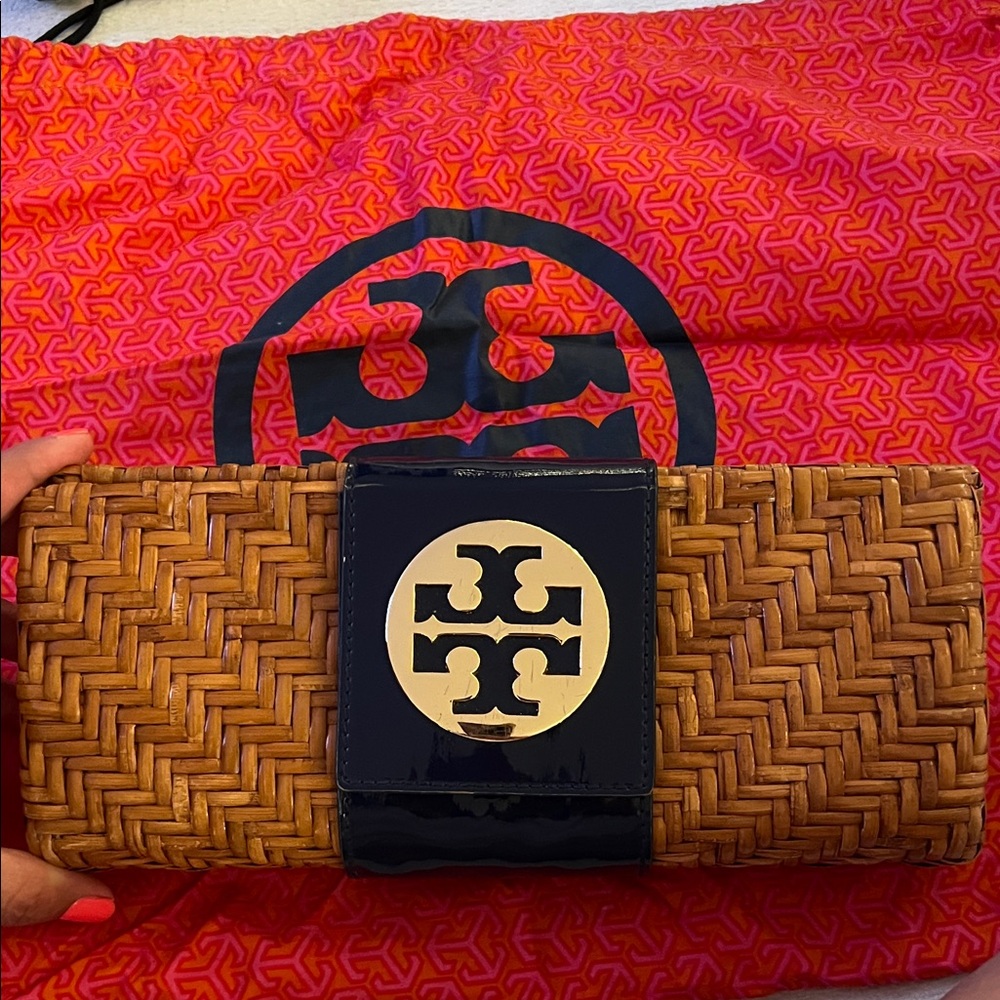 Tory Burch Tan Woven Clutch with Logo